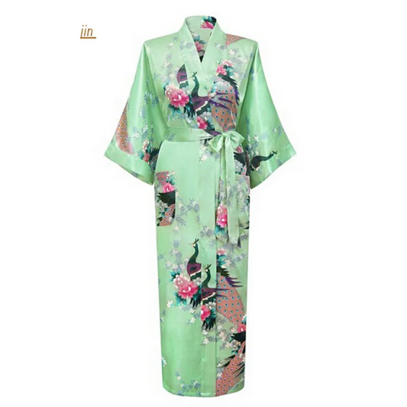 Light Green Chinese Style Print Satin Robes Women's Long Nightwear Casual Bath Gown Flower Plus