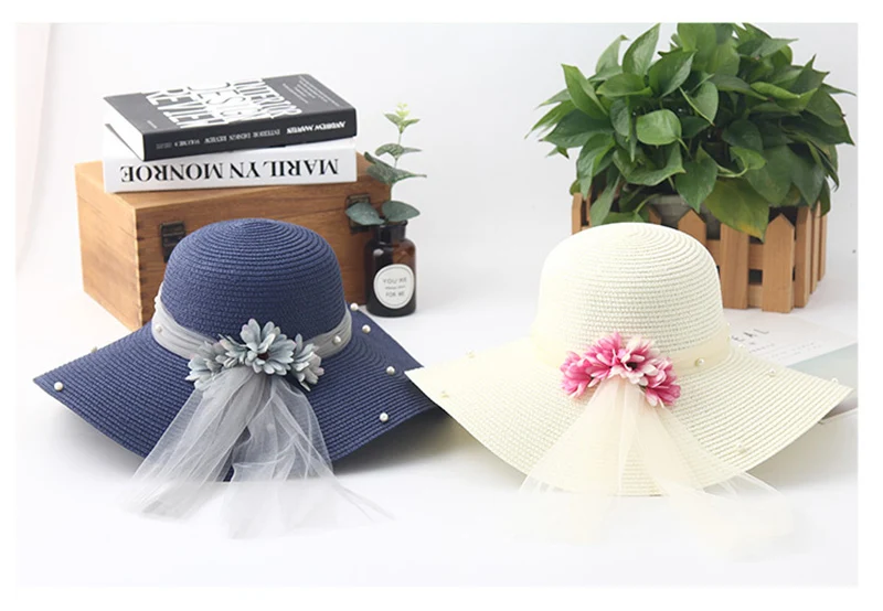 Women Flower Foldable Straw Hat Fashion Pearl Mesh Cap Summer Ladies Wide Wave Brim Beach Hats Handmade Sun Caps CP0221 (6)