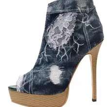 Синие ботильоны в римском стиле; женские ботинки на платформе с вышивкой и кружевом; пикантные летние сапоги-гладиаторы с открытым носком