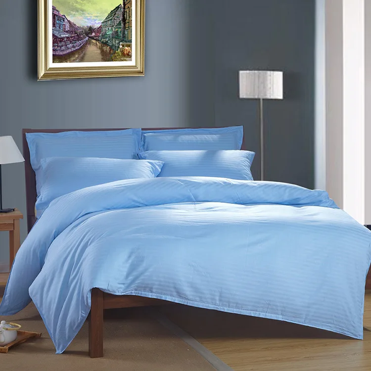 Постельных принадлежностей хлопок Саржа одеяло сатиновая скатерть полосы Белый постельное белье для отеля наборы King size 4 шт - Цвет: Небесно-голубой