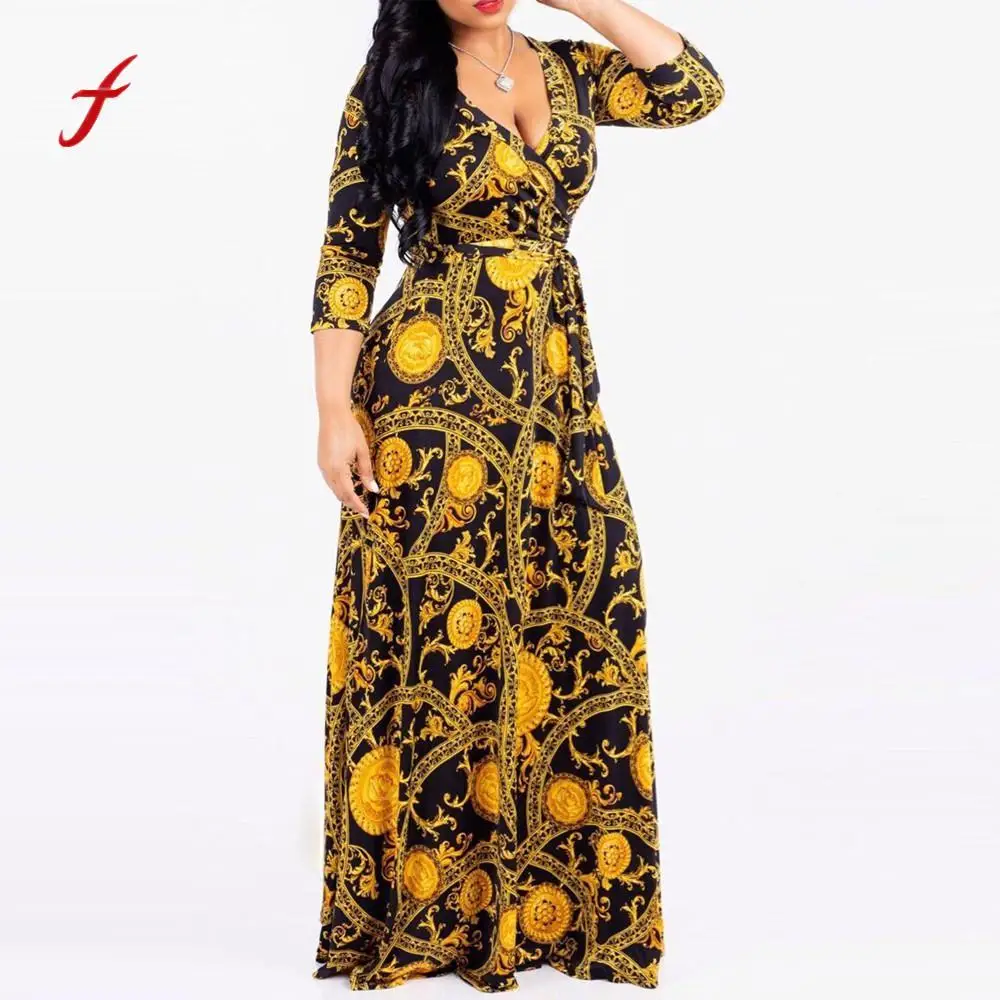 

Feitong floor length dress 2018 Sexy Dress women V-Neck Print Boho maxi Dress plus size long dress Elegant vestidos de fiesta