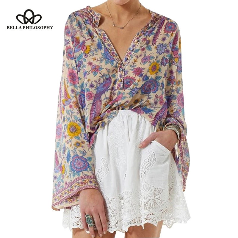 بيلا فلسفة بوهو الطاووس الأزهار طباعة بلوزة قميص المرأة 2018 جديد مضيئة كم فضفاض البلوزات قمم عارضة فام Blusas موهير