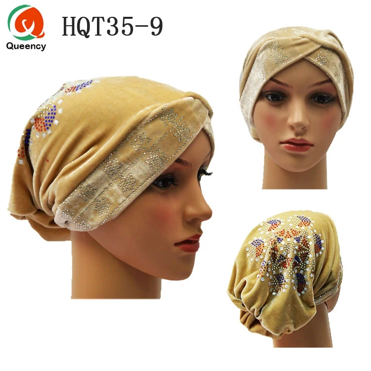 HQT35 нигерийский головной убор с камнями Mutil-color Velvet Tuban cap Головной убор готовая шапка - Цвет: champagne