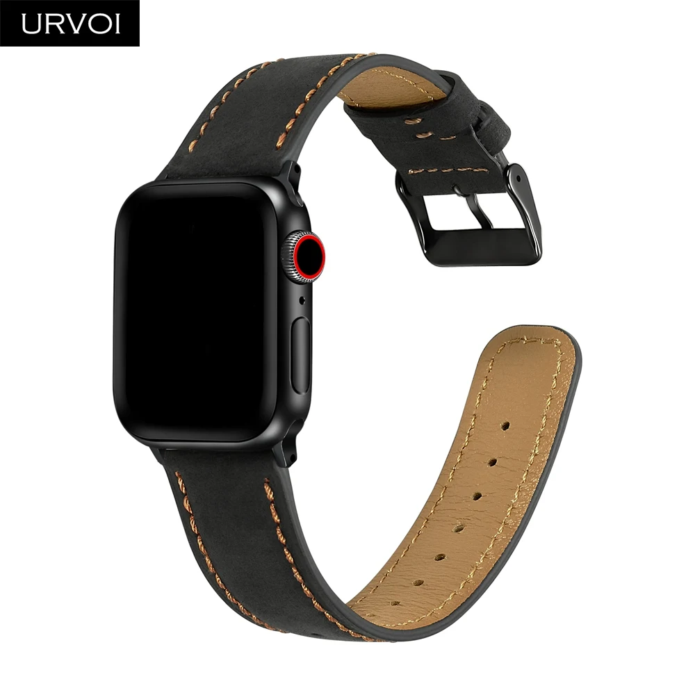 Ремешок URVOI для apple watch series 6 SE 5 4 3 2 удобный браслет из телячьей кожи с черной