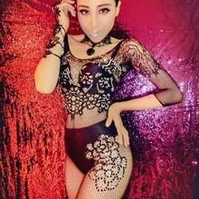 Пикантные черные сапоги чистая блестки концептуальный комбинезон рукава средней длины трико одежда певица танец этап яркий костюм вечерние платье