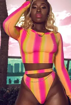 

Sexy Gradient Color Stripe Bikini Two-piece Set outfits for women Full sleeve O-Neck Elastic Waist