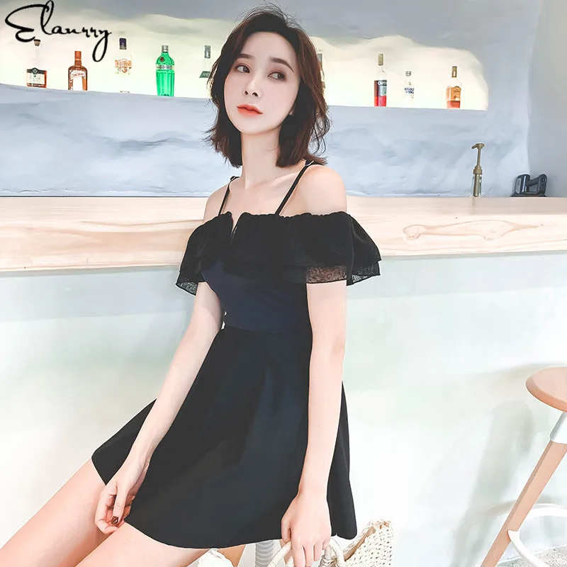 

Women One Piece Swimming Skirt Solid Padded 2019 Newest Swimsuit Sexy Flouching Off Shoulder Bathing Suits Ladies Monokini