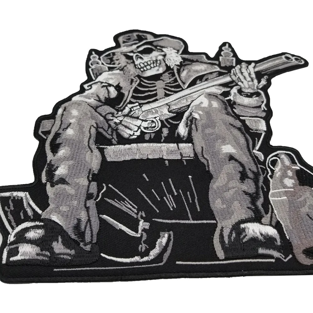 Hand with gun skull Vest Motorcycle Embroidered Iron On Back of Jacket Patch Black twill fabric Free Shipping DIY Eco-Friendly(5)