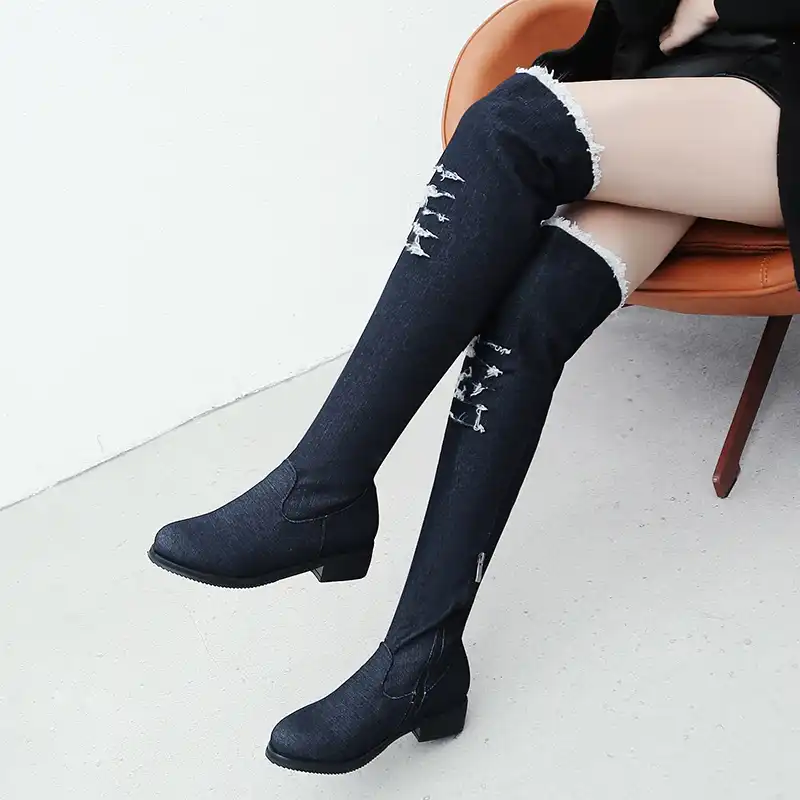 flat denim thigh high boots