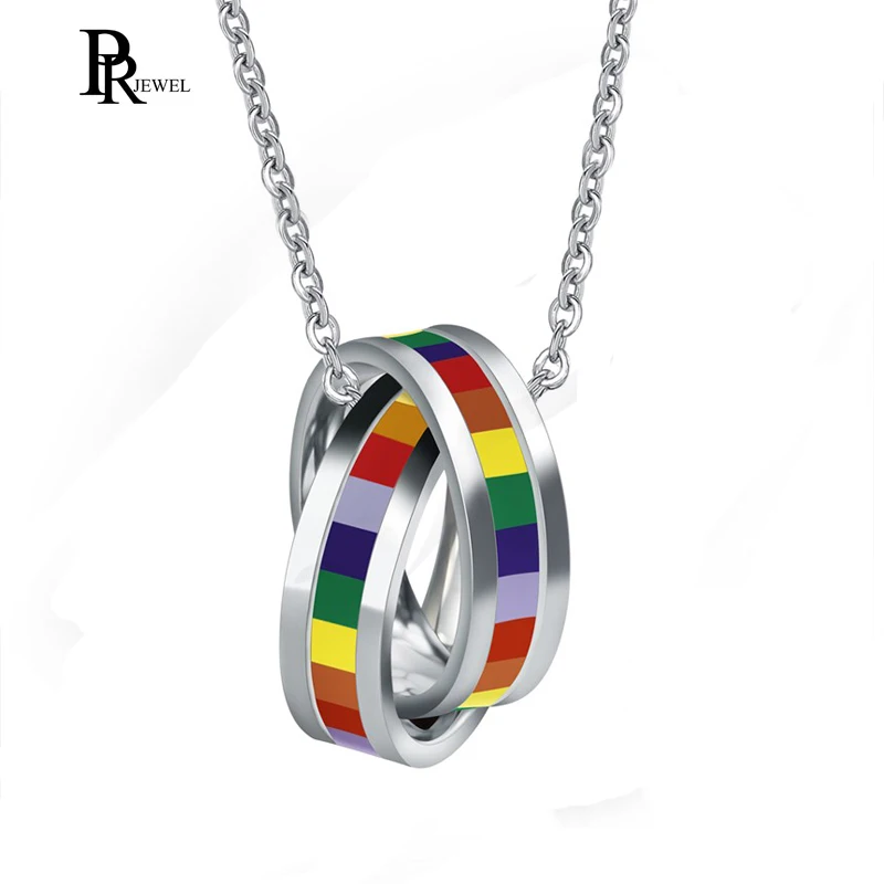 

Stainless Steel Rainbow Double Hoop Pendant Necklace for Gay and Lesbian Pride
