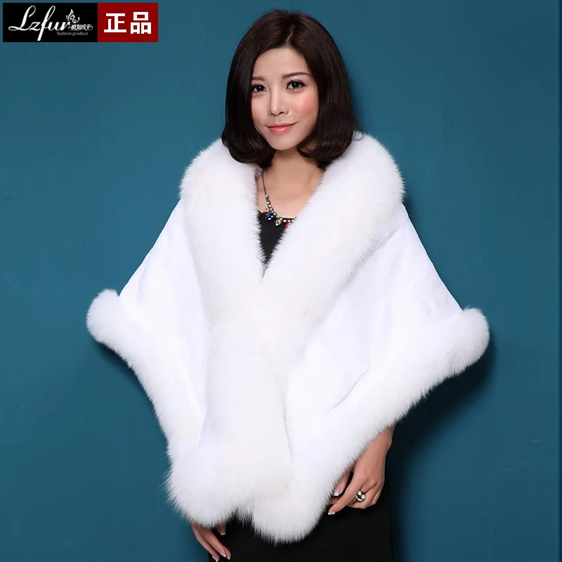 

Women spring autumn winter full leather cloak real fox fur rex rabbit fur cape female outerwear rex rabbit fur shawl