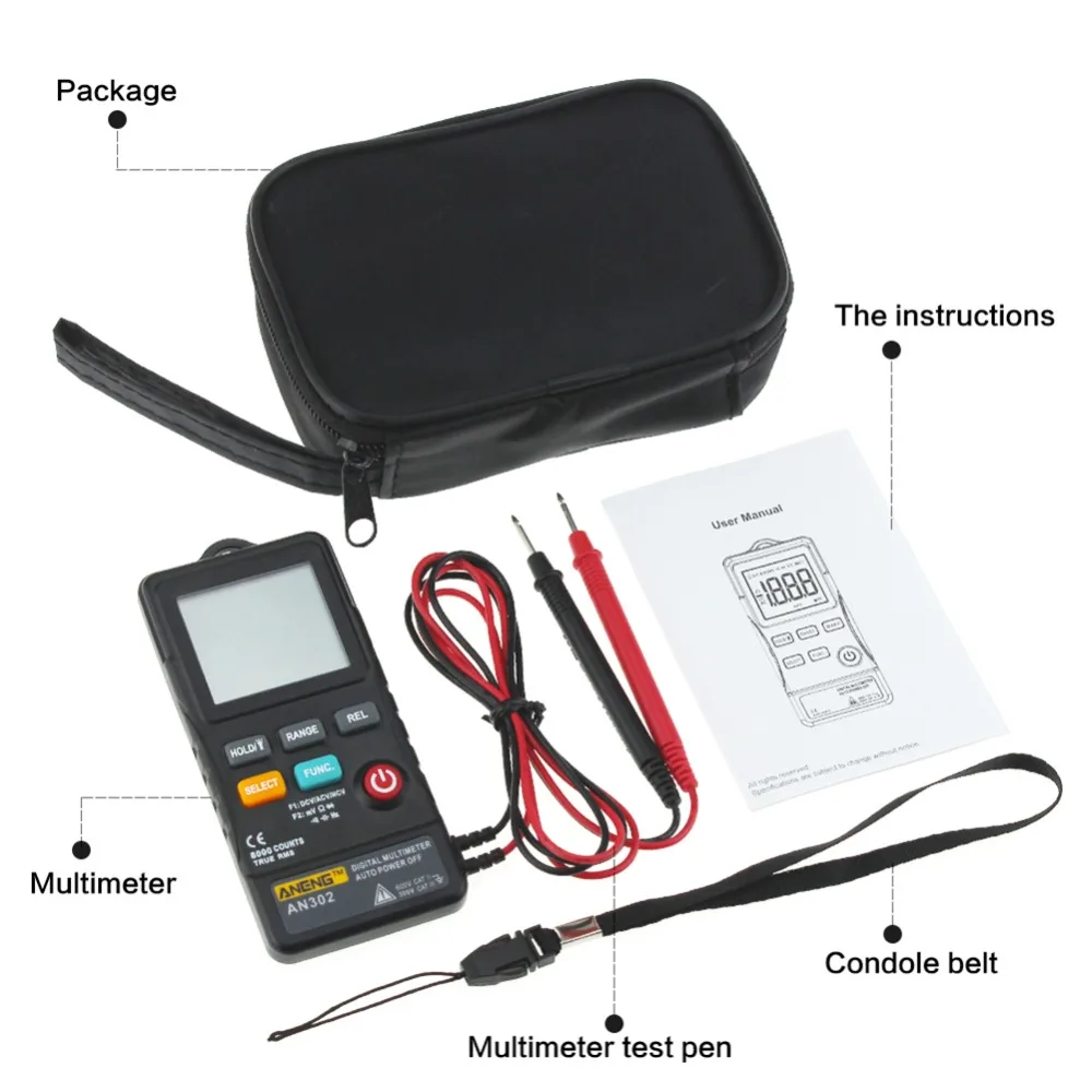 

AN302 Multi-function Button Type Multimeter + Portable Strap + Measurement Data Line Logistics Multimeter Measuring Tool#289808