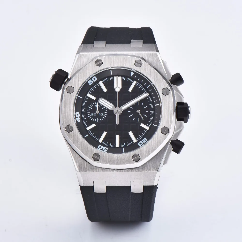 

CORGEUT 42MM Men's Watch Black Rubber Strap Stainless Steel Case, Quartz Movement Polished Bezel Clock A1-08