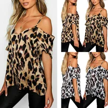 Женская летняя леопардовая блузка с открытыми плечами, футболка, топы(S-2XL), harajuku camisetas verano mujer, camiseta mujer
