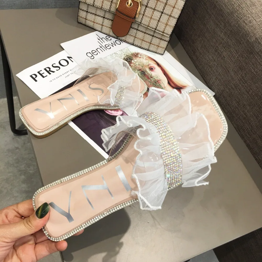 

Glitter Slides Lace Women's Slippers 2019 Woman Shoes Luxury Socofy Jelly New Designer Sliders Flat Soft Rubber Fabric Basic PU