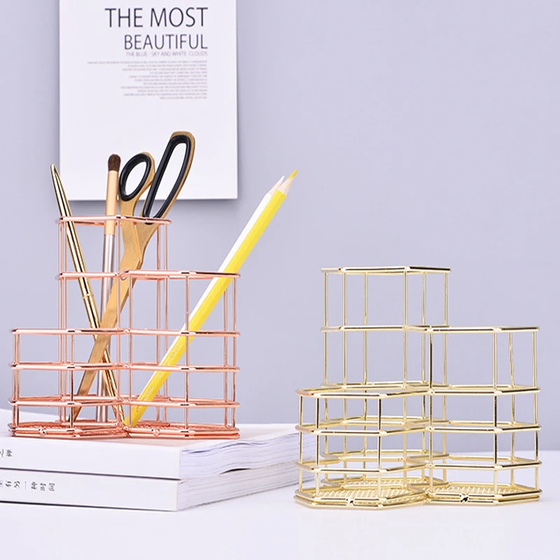 

Nordic Ins Hexagonal Combination Tabletop Storage Basket Rose Gold Iron Art Desktop Pen Holder Accessories Stationery Organizer