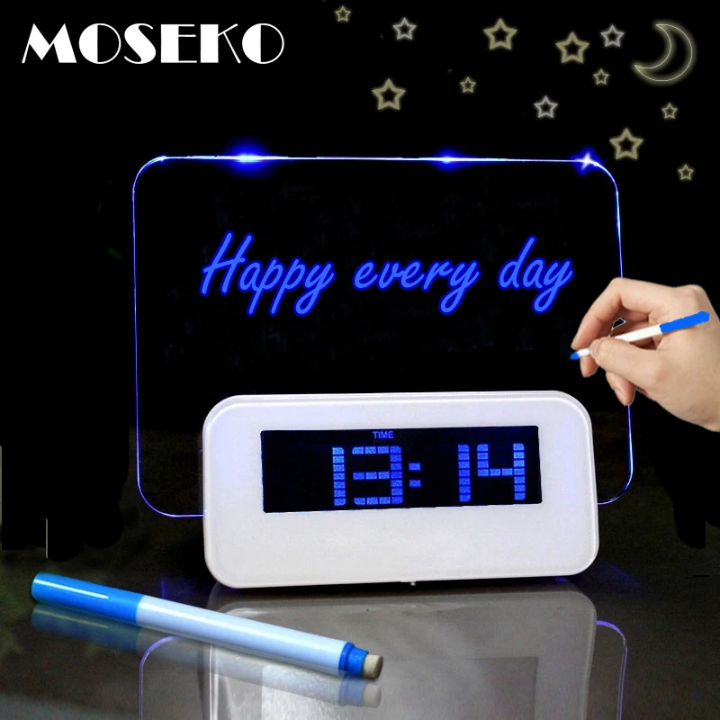 

MOSEKO Fluorescent Message Board Digital LED Alarm Clock Calendar Night Light Modem Alarm Backlight Desk Clock With USB Cable