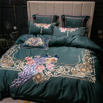 

Premium Luxury 120S Egyptian cotton Embroidered Bedding set Queen King Green Peacock Duvet cover Bed sheet set Pillowcase 4/6pcs
