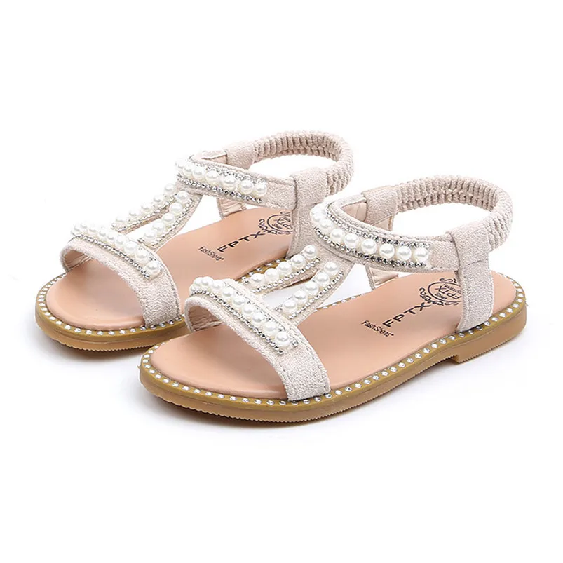 Обувь для маленьких девочек с жемчужинами и кристаллами; тонкие сандалии принцессы в римском стиле; красивая обувь принцессы; chaussure fille 40ja08 - Цвет: Бежевый