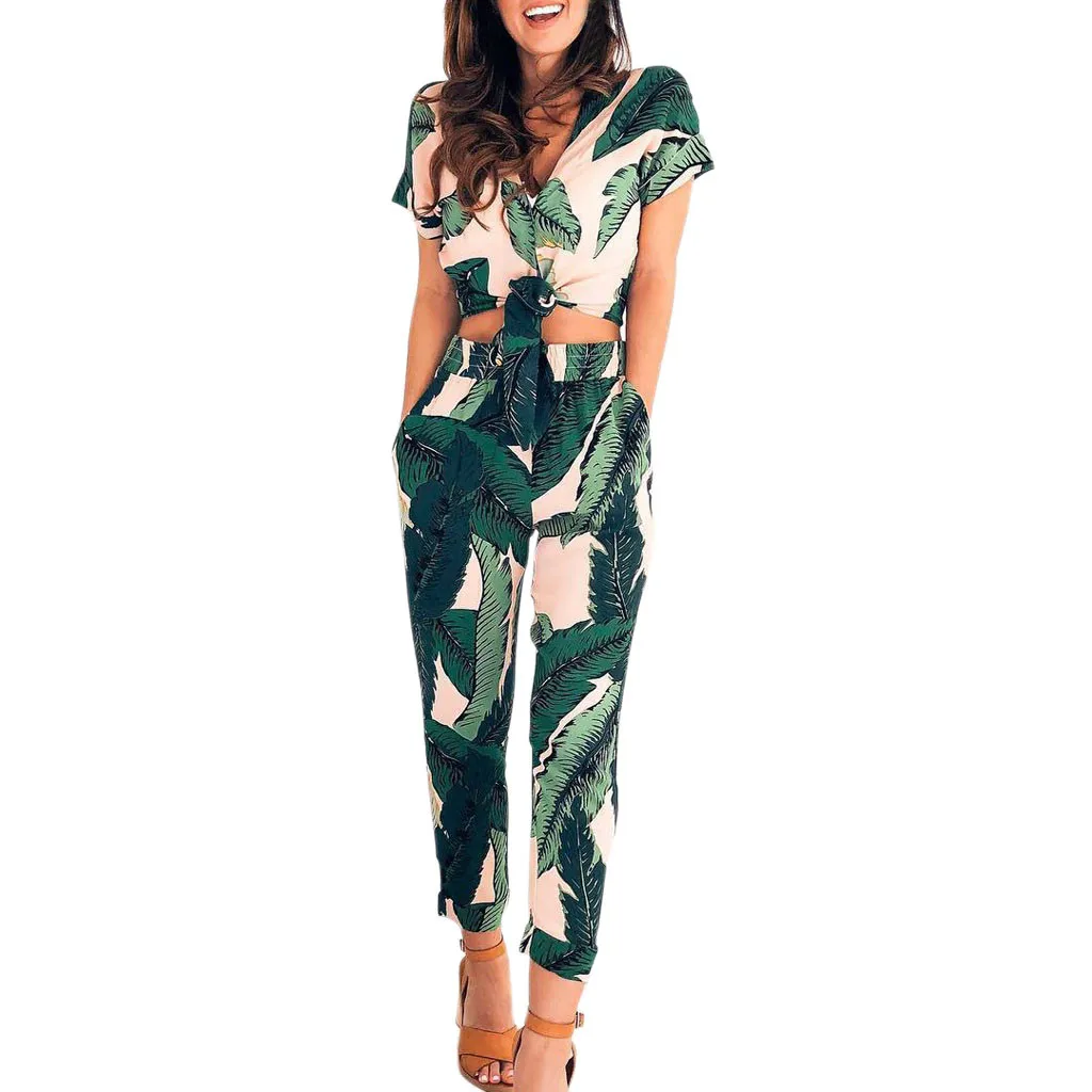 

2019 summer Female Womens Leaves Print V-neck Halter Sleeveless Ruffled One-piece Trousers Jumpsuit Trousers Elegant
