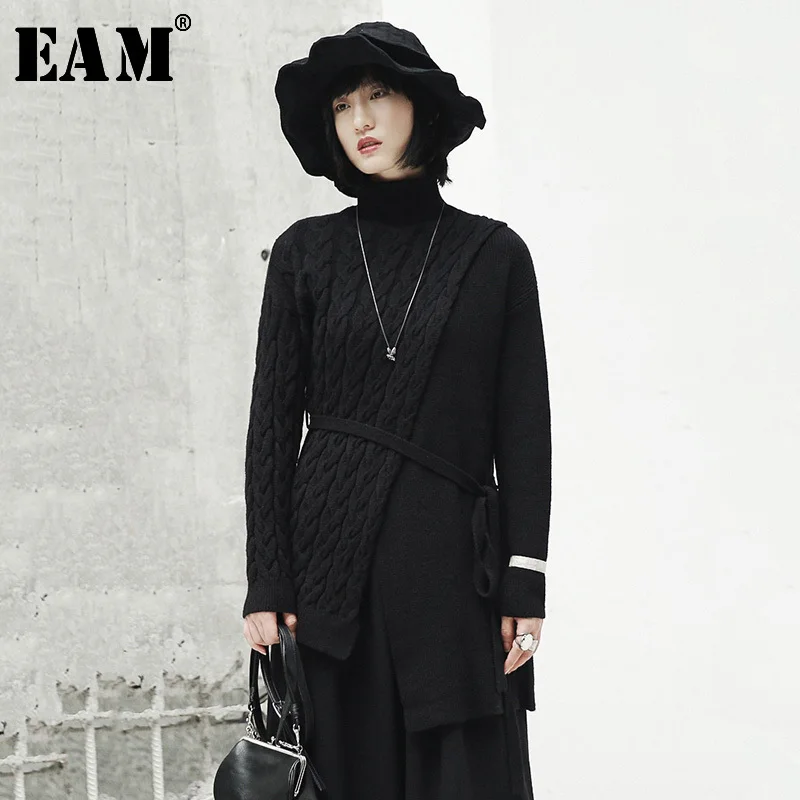 

[EAM] 2019 New Autumn Winter High Collar Long Sleeve Black Loose Irregular Knitting Bandage Puffover Women Fashion Tide JI506