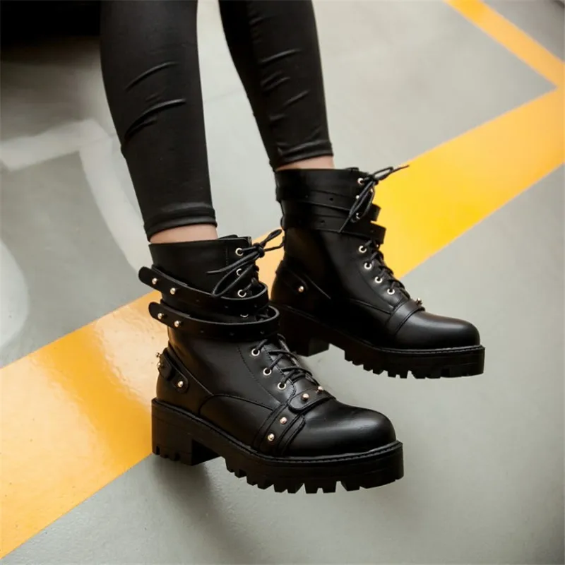 

PXELENA 2018 Motorcycle Military Boots Woman Shoes Punk Rivet Riding Boots Chunky Heels Round Toe Ankle Boots Gothic Plus Size