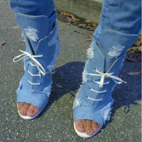 Drop Shipping New Women Blue Denim Jeans Peep Toe Lace Up Front Stiletto Heel Short Ankle Boots Cuts Out Hole Booties Shoes 43 Drop Shipping New Women Blue Denim Jeans Peep Toe Lace Up Front Stiletto Heel Short Ankle Boots Cuts Out Hole Booties Shoes 43