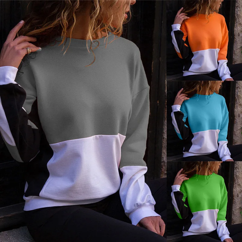 

New Fashion 2019 Spring Autumn Long Sleeve Hoodies Patchwork Candy Color Round Neck Hoodie Without Hat