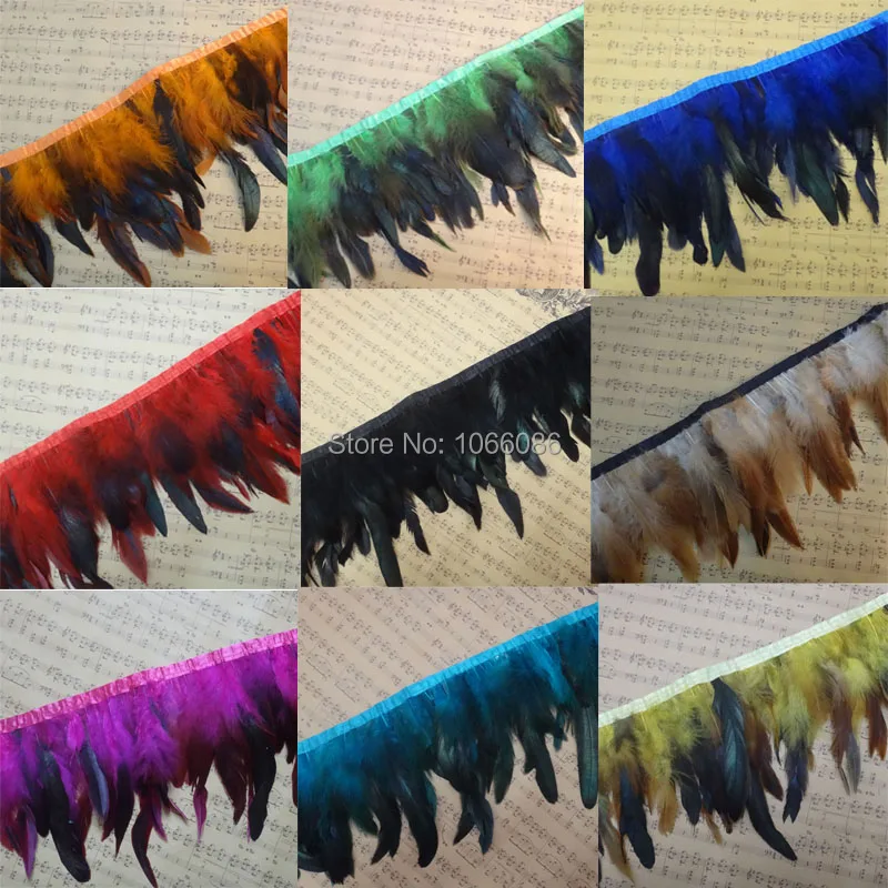 

Free Shipping 10Meters/lot multi color Rooster Hackle Feather Trims 8-13cm width Saddle Feather Ribbons Chicken Feather trimming
