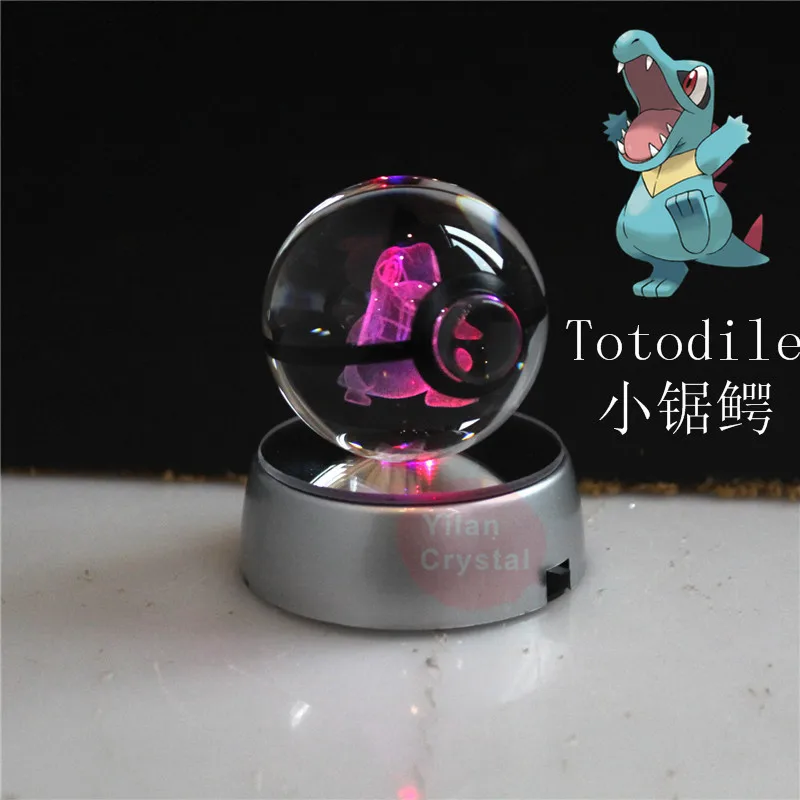 

3D Laser Pokemon Ball Engraving Totodile Round Crystal With Black Line Nice Fashion Ball 50*50mm With LED Base 80*80mm Gift
