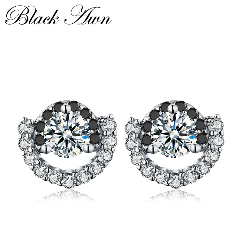 

Cute 100% Genuine 2.5g 925 Sterling Silver Jewelry Black&White Stone Engagement Stud Earrings for Women T075