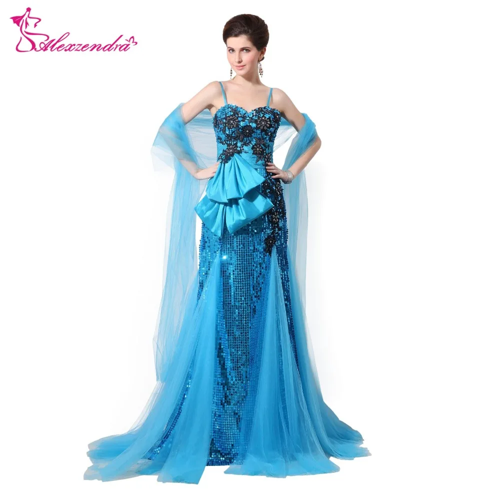 Alexzendra Blue Sweetheart Long Evening Dress with Shawl Appliqued