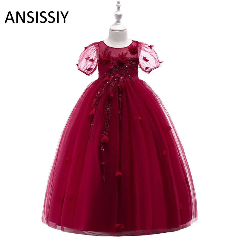 

Girl Flower Applique Formal Ball Gown Solid Wedding Evening Party Flower Girls Dress Clothes for 12 Years Princess