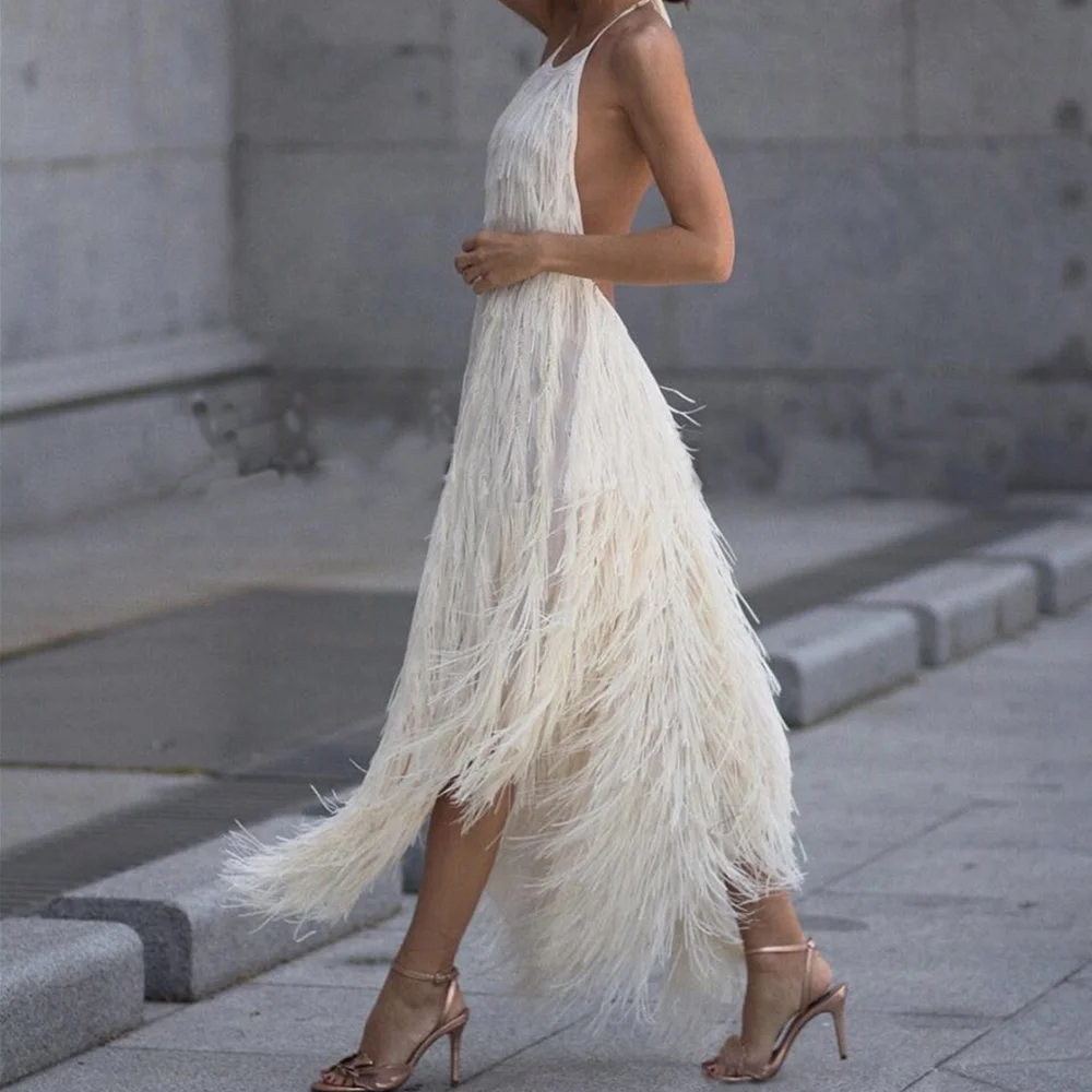Fringed Sexy Summer Dress Women Backless Sleeveless Elegant Solid Hanging Neck Dress Casual Party Girl Dress Fashion Robe Femme Fringed Sexy Summer Dress Women Backless Sleeveless Elegant Solid Hanging Neck Dress Casual Party Girl Dress Fashion Robe Femme