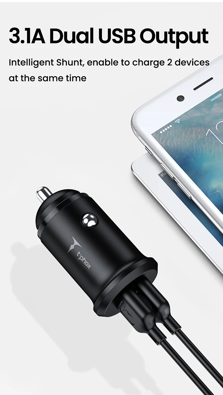 T-phox Mini USB Автомобильное зарядное устройство для мобильного телефона планшета 3.1A быстрое зарядное устройство автомобильное зарядное устройство двойной USB автомобильный адаптер зарядного устройства для телефона в автомобиле