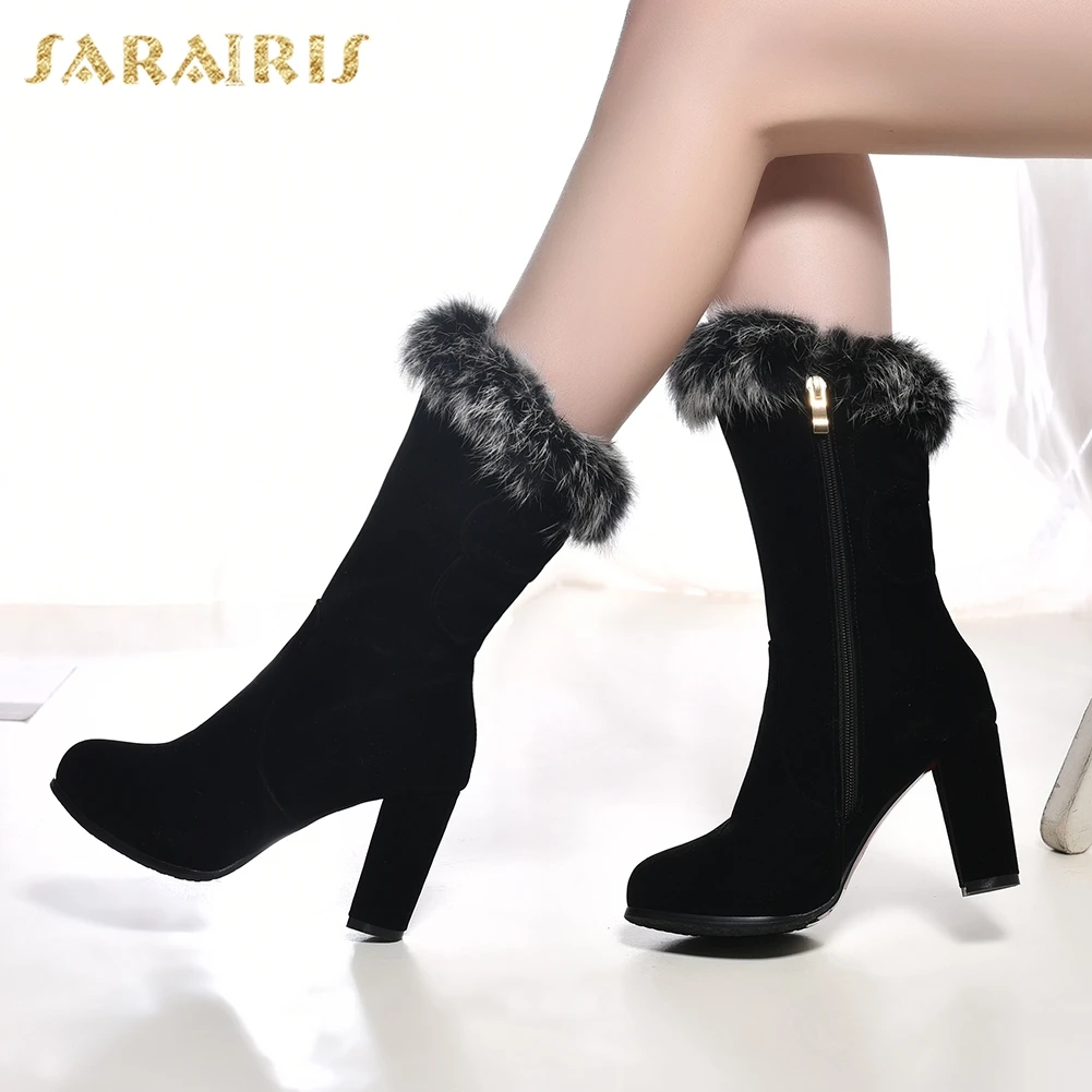 

SARAIRIS Brand new plus Size 31-43 Zip Up Hot Sale Add Fur Winter Boots Woman Shoes high Heels Mid Calf Boots Female Shoes Women
