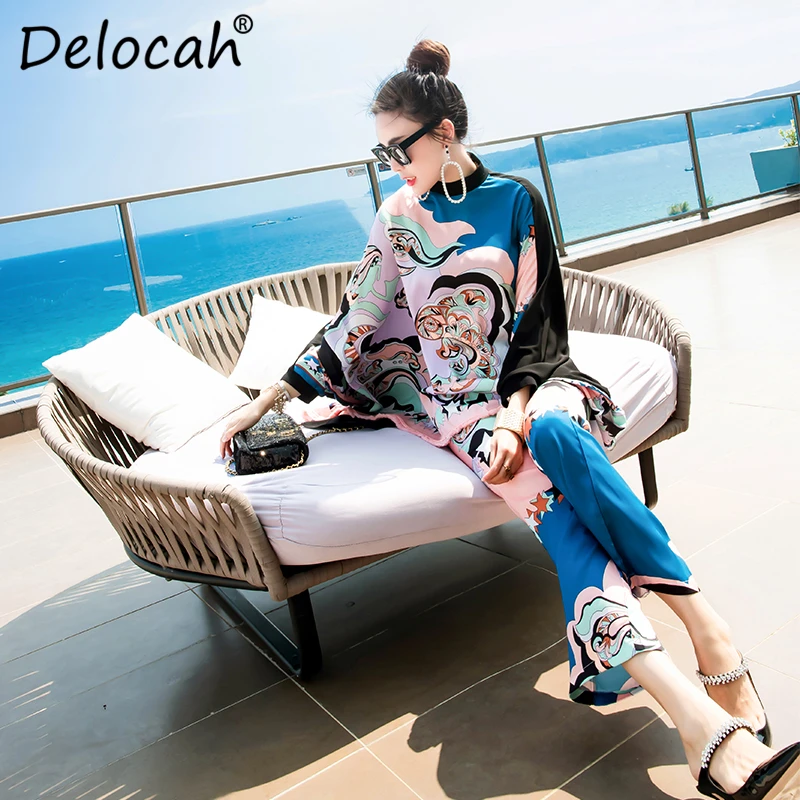 

Delocah New 2019 Women Spring Summer Pants 2 Pieces Set Runway Fashion Designer Tassel Print Loose Tops + Pants Suits