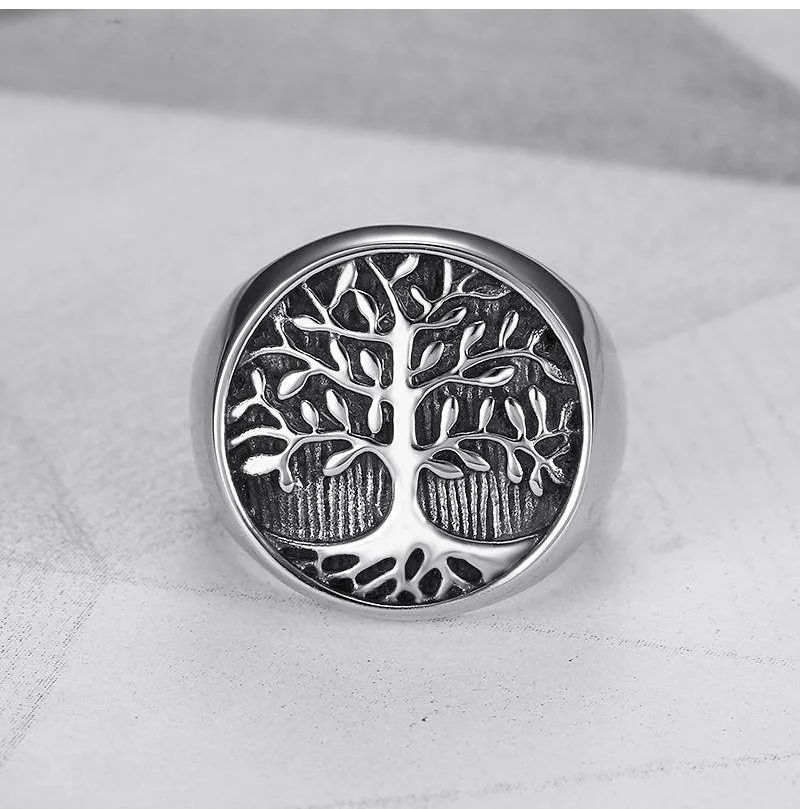 Big Life Tree Stainless Steel Ring Men Vintage Silver Color Male Hiphop Rock Man Rings Retro Punk Jewelry High Quality No Fade