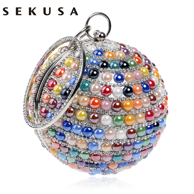 

SEKUSA Ceramics Mixed Color Women Handbags With Handle Metal Diamonds Evening Bags Beaded Round Design Party Dinner Bags