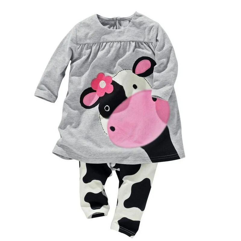 Cuikevin Baby Clothes New 2017 Girl Dress Cute Cow Print Grey Baby Girl Dress Set Children