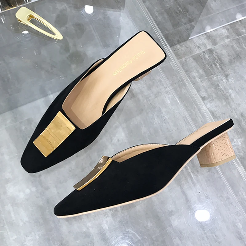 Mule Women wood chunky heels Slippers flock closed toe shoes Slip on Slides loafers black apricot metal decoration zapatos mujer