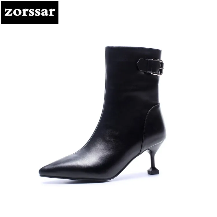 

{Zorssar} 2018 New Spring and autumn women short boots Genuine Leather High heels ankle boots Women Booties Botas Mujer Shoes