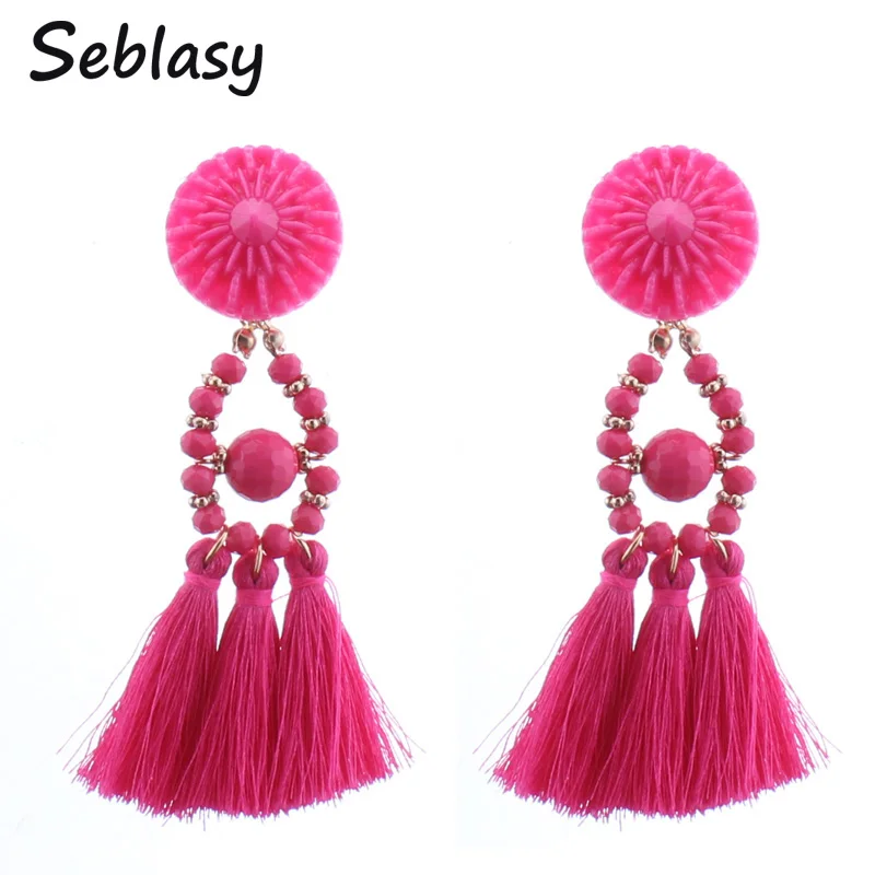 

Seblasy Brand New Bohemian Beads Long Hanging Tassels Earrings Fringe Drop Earrings with Stone For Women Statement Jewelry