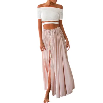 

KLV 2019 Women's Casual Chiffon BOHO Ladies Solid Gypsy Long Maxi Full Skirt free shipping D4