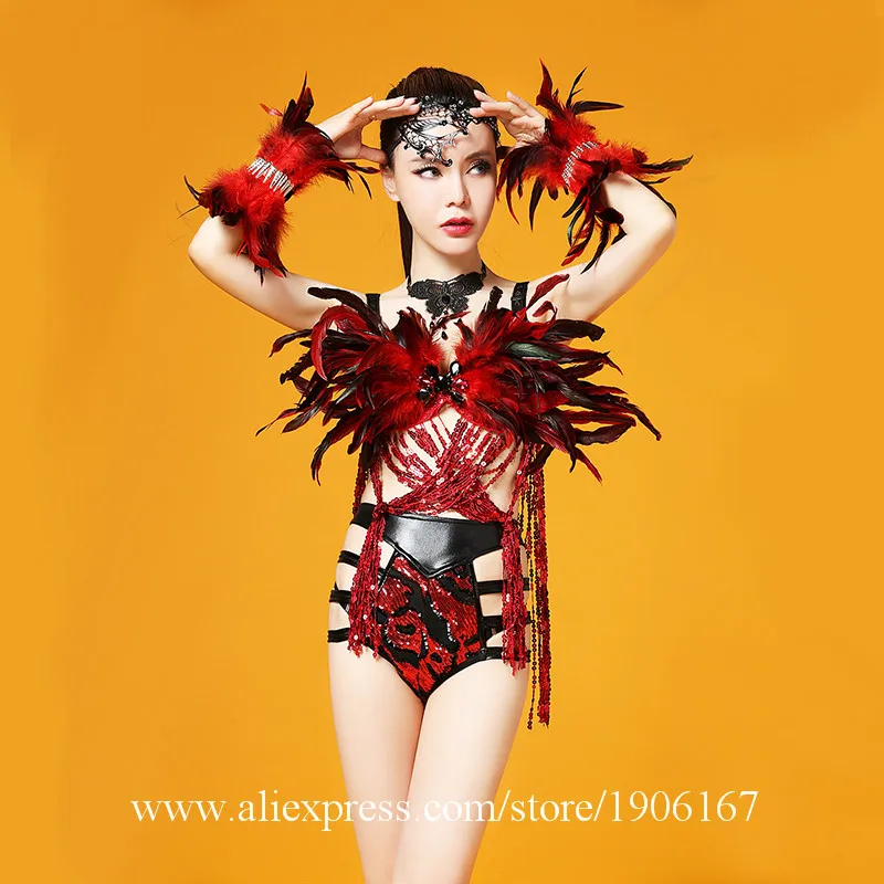 TV Show Sexy Lady Evening Party Dress Red Feather Ballroom Costume font b Clothing b font