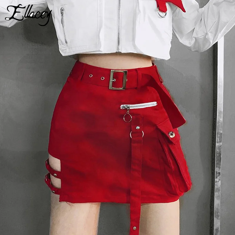 

Punk Fashion New 2019 Skirt Female Buckle Belts Slim Pencil Skirt Women Stylish Short Black Mini Skirts Red Black A-line Skirt