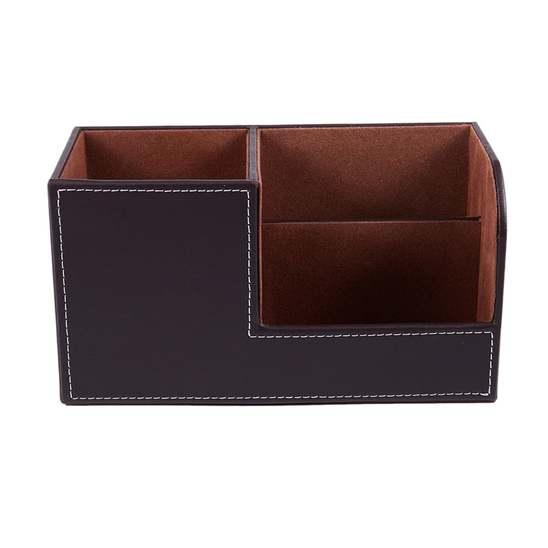 

PU Leather Desk Stationery Box Organizer, Office Desktop Organizer with 3 Divided Storage Compartments for Storing Pen/ Remote