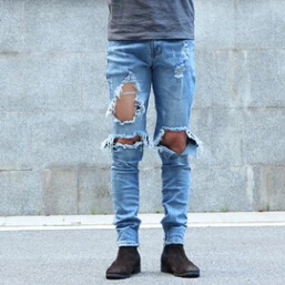 Новые осенние мужские рваные джинсы в стиле хип-хоп байкерские рваные джинсовые брюки мужские брюки для бега узкие джинсы с боковой молнией homme - Цвет: Синий