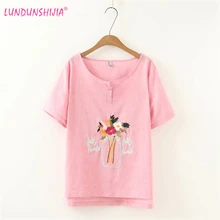 LUNDUNSHIJIA летняя одежда женские футболки Плюс Размер short короткий рукав хлопок лен ваза Вышивка Топы женские футболки