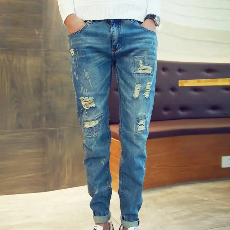 Высокое качество модные рваные голубые джинсы, мужские брюки мешковатые шаровары подростковые джинсовые ковбойские брюки - Цвет: Синий